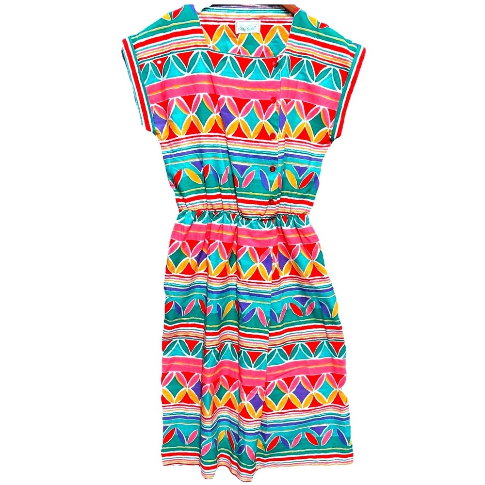 Vintage Ms Sugar Womens Cap Sleeve Elastic‎ Waist Midi Dress Size M Geometric
